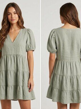 Zara Linen Blend Tiered Mini Dress Sage Green Khaki Puff Sleeve V-Neck Size M